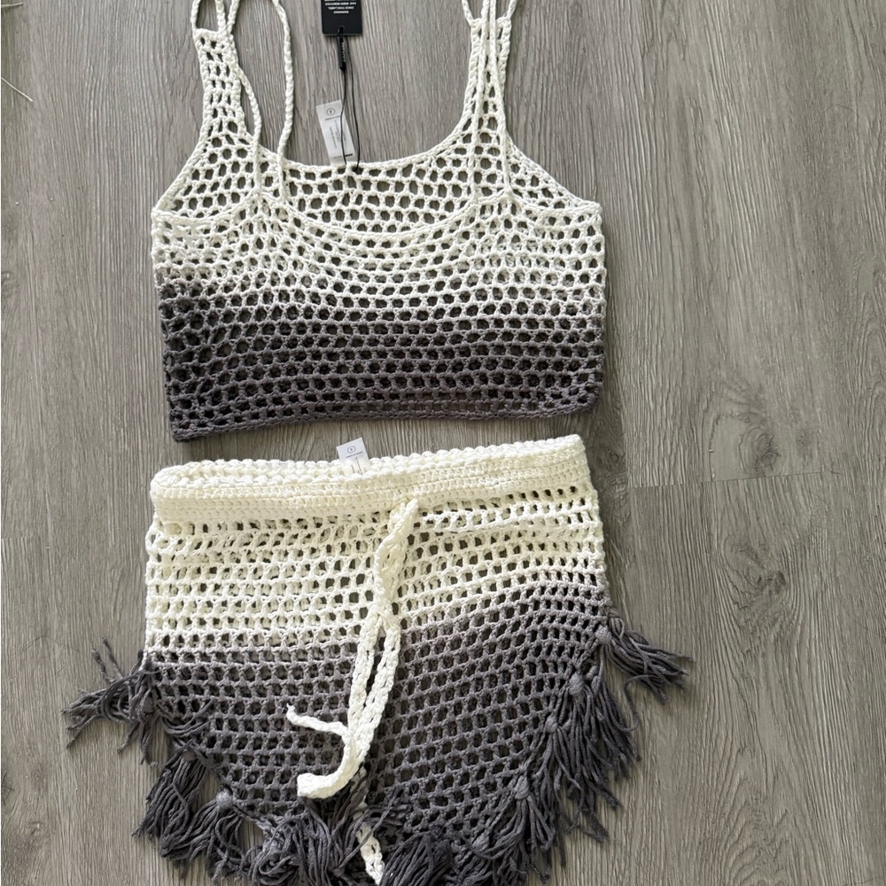 Fashion Nova Cream and Gray Crochet Skirt Set - Picture 5 of 9